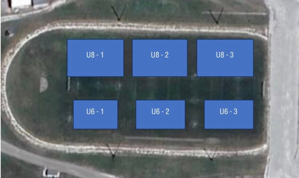 Aerial field map of the U6 and U8 fields at the Stuart Sports Complex