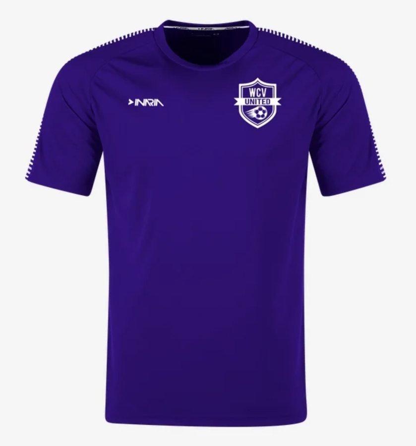 WCV United away uniform: purple jersey with white WCV United crest and shoulder trim