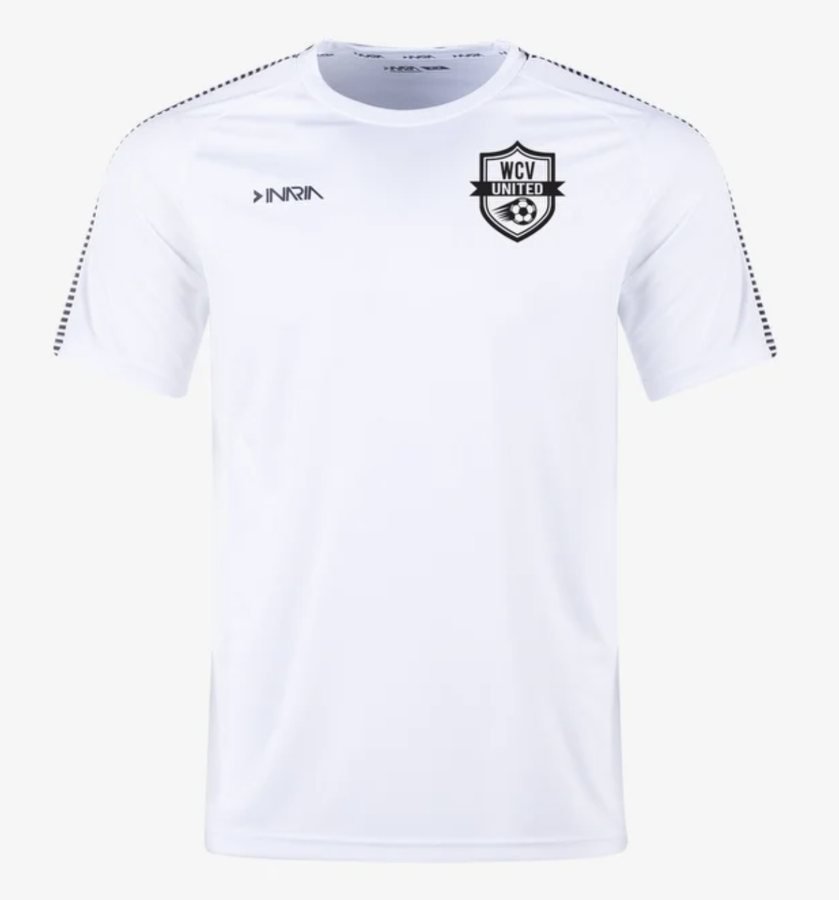 WCV United home uniform: white jersey with black WCV United crest and shoulder trim